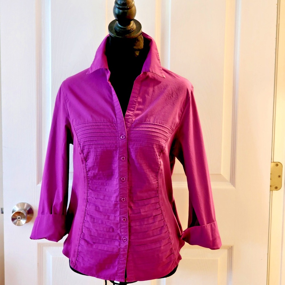 Women's 3/4 Sleeve Pleated Shirt by Investments Petites in Magenta Petite Large